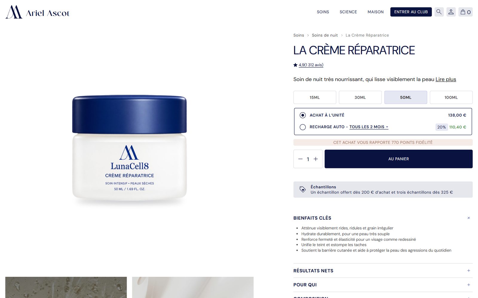 Fiche produit du site Ariel Ascot : La Crème Réparatrice, formats, achat à l'unité ou recharge