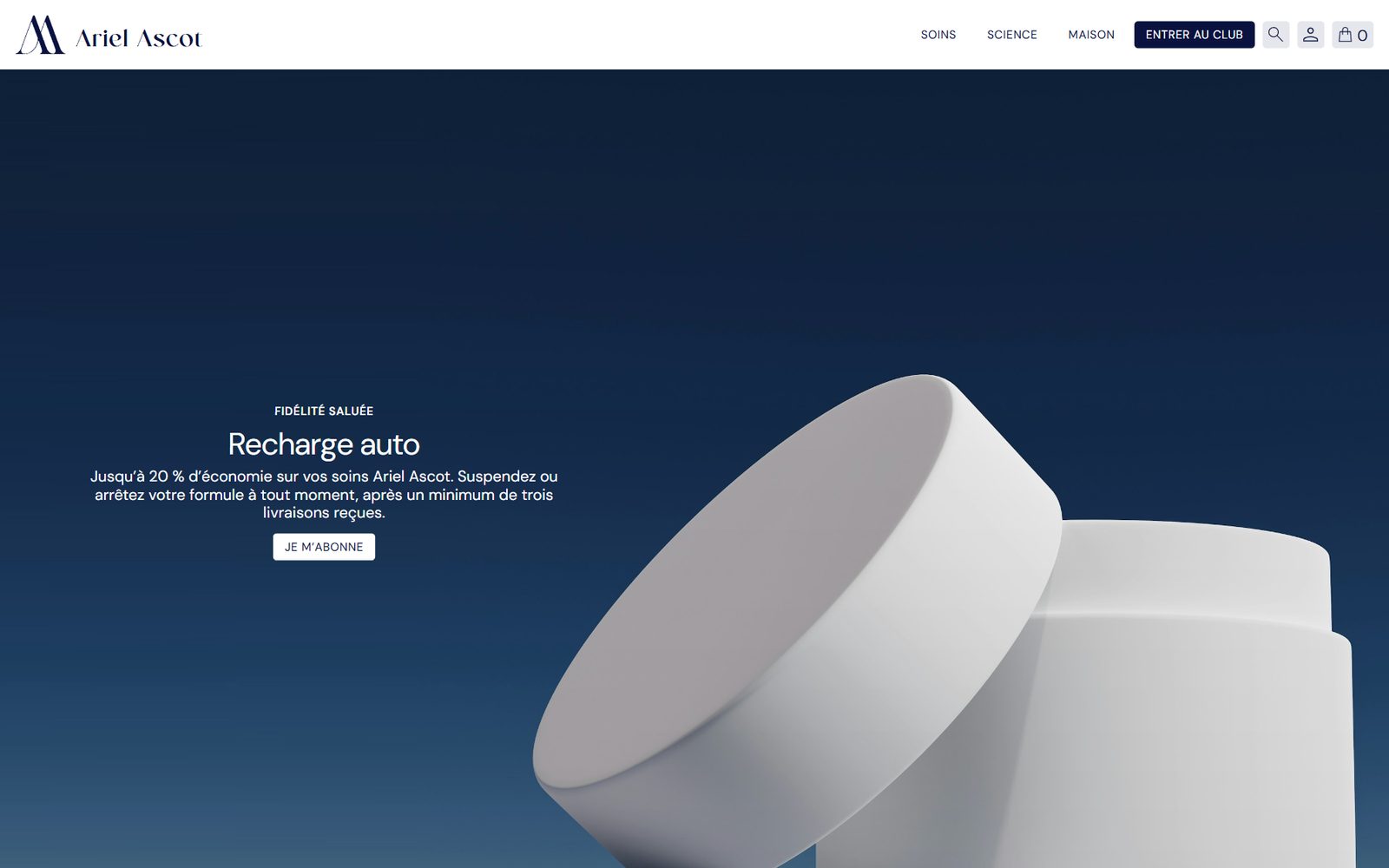 Page Recharge du site Ariel Ascot : pot de crème sur fond bleu