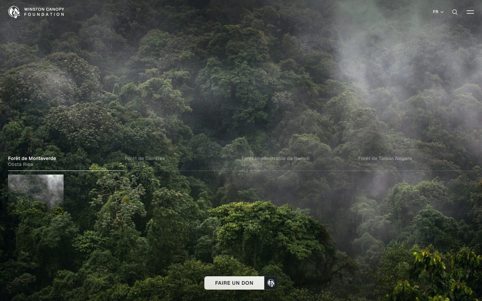Page d'accueil du site de la Winston Canopy Foundation : ses quatre sanctuaires forestiers