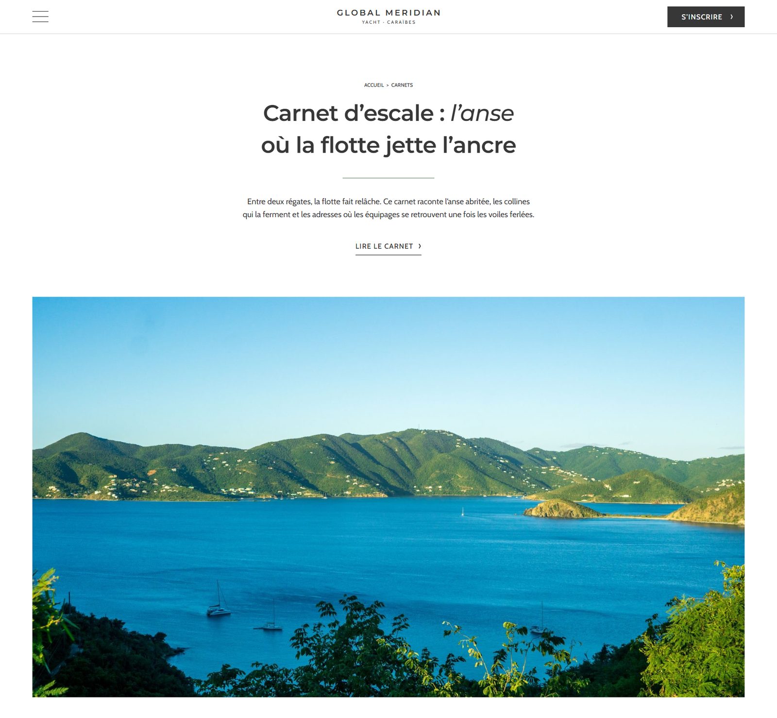 Page Carnets d'escales du site Global Meridian Yacht : une anse des Caraïbes au mouillage