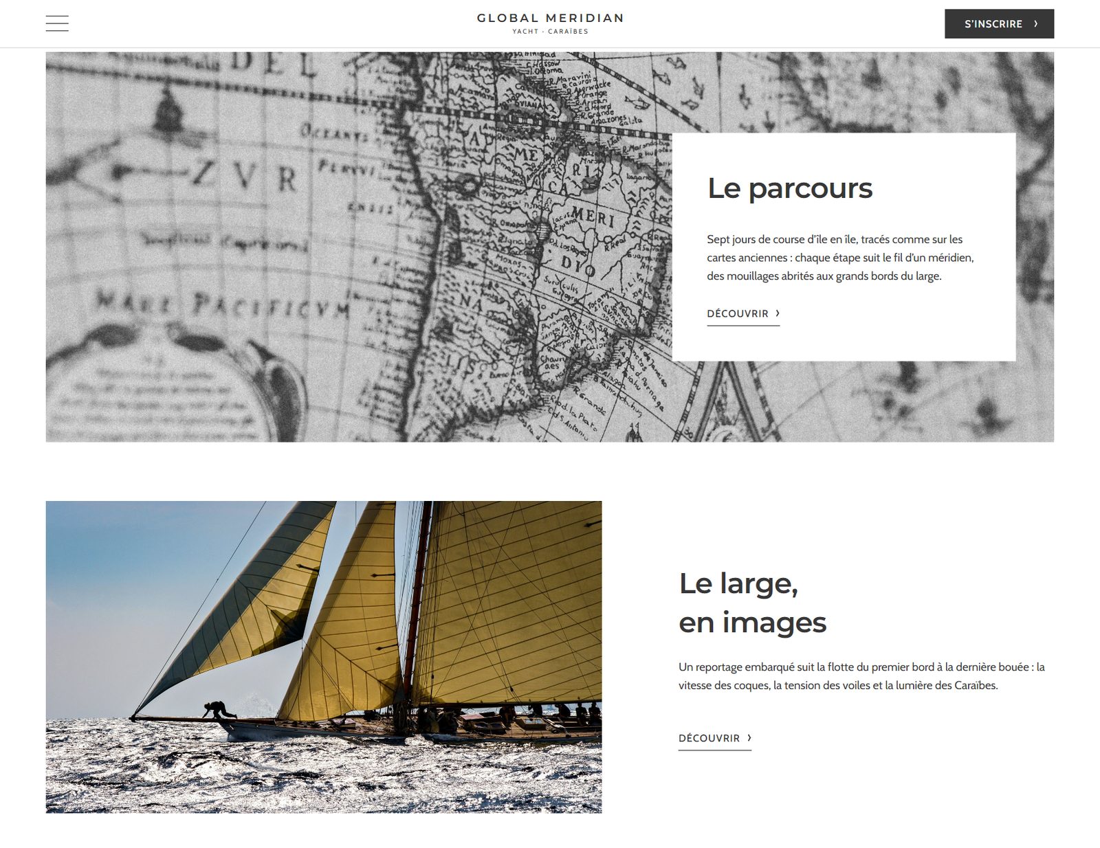 Page d'accueil du site Global Meridian Yacht : le parcours des courses, inspiré des explorateurs des Caraïbes sur une carte marine ancienne
