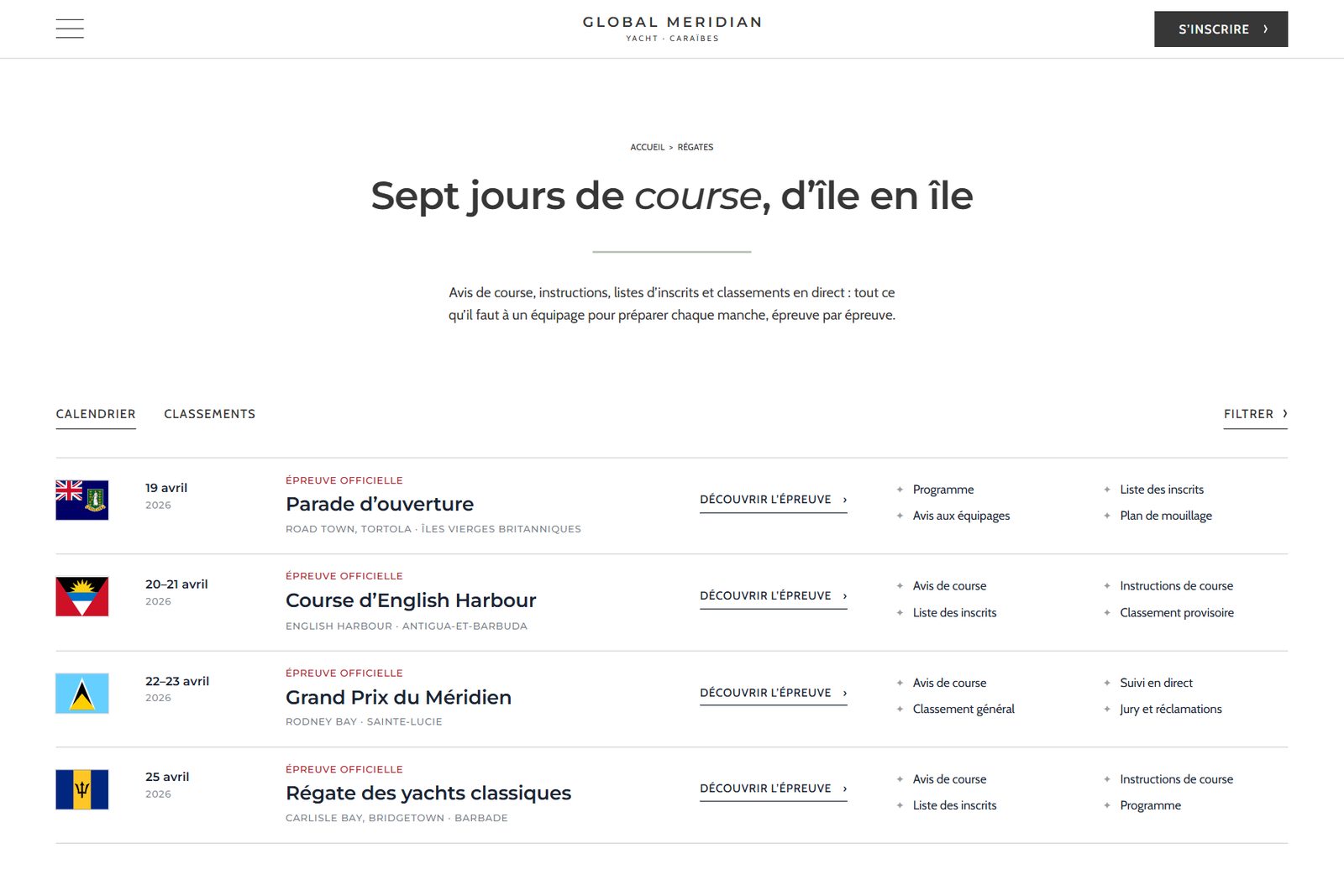 Page Régates du site Global Meridian Yacht : calendrier des épreuves aux îles Vierges britanniques, à Antigua, Sainte-Lucie et la Barbade, avec le drapeau de chaque pays hôte