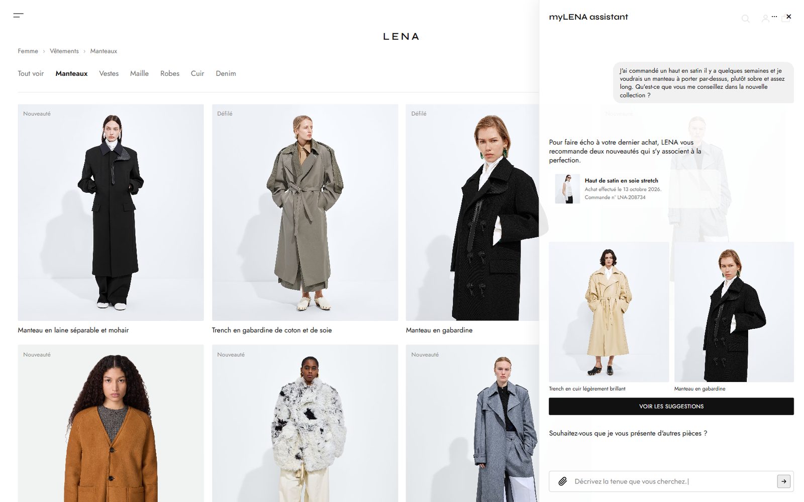 Page Manteaux du site Lena Paris, avec l'assistant d'achat myLENA