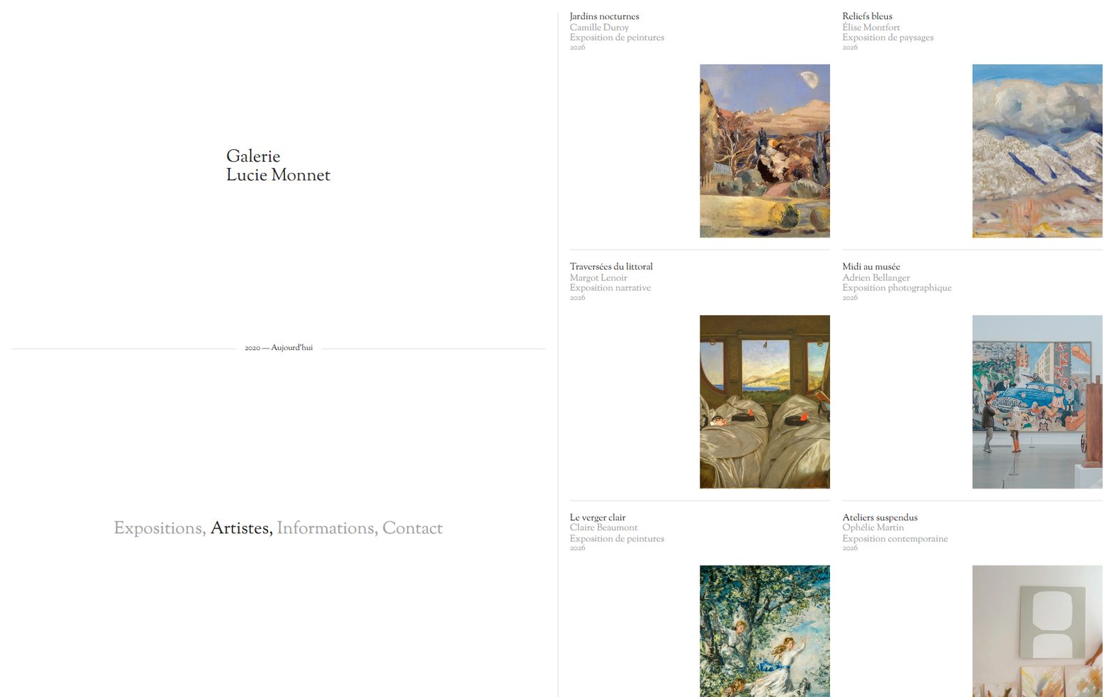 Page Artistes du site de la Galerie Lucie Monnet : les expositions, artiste par artiste