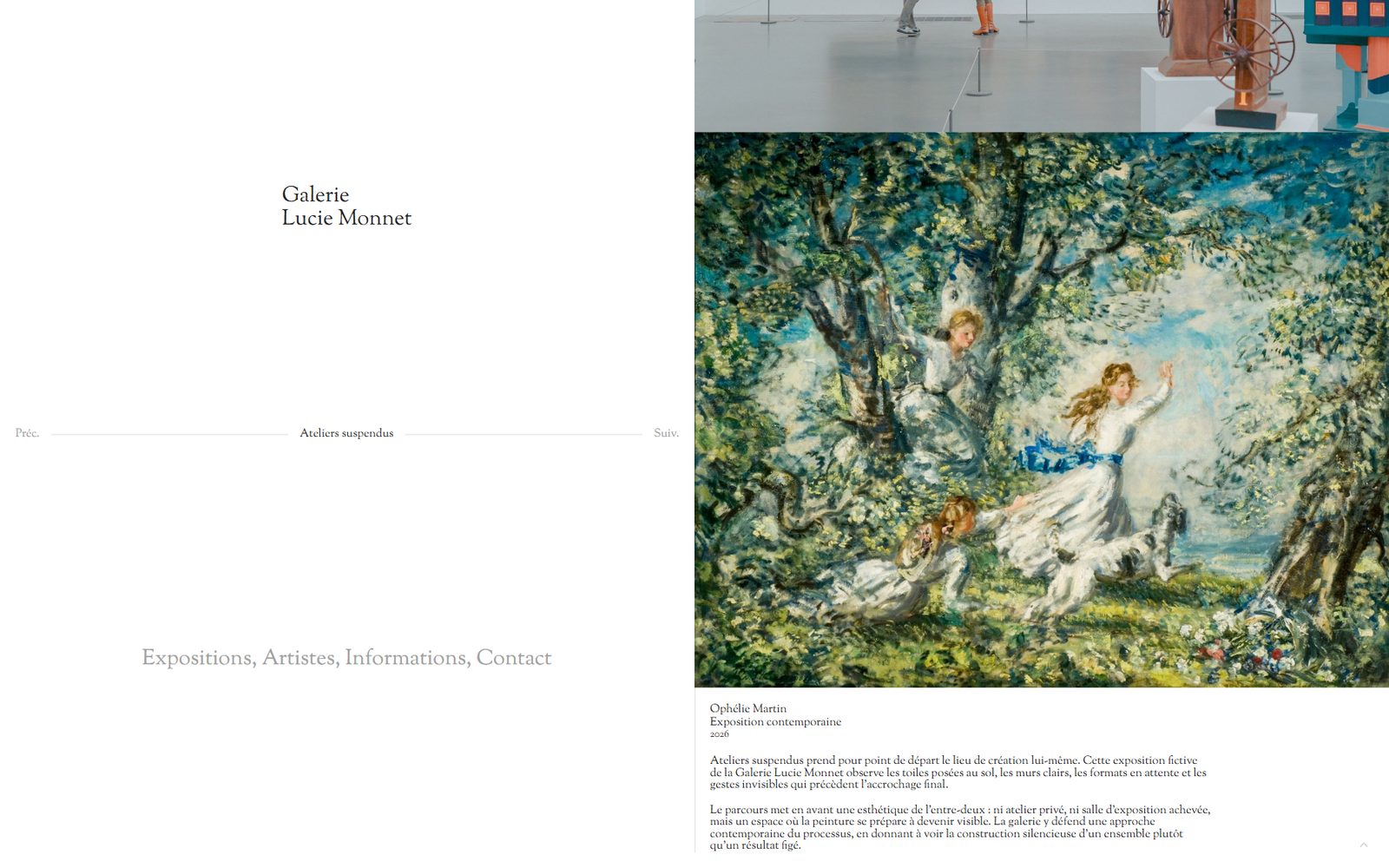 Cartel et texte de présentation d'une exposition du site de la Galerie Lucie Monnet : Ateliers suspendus
