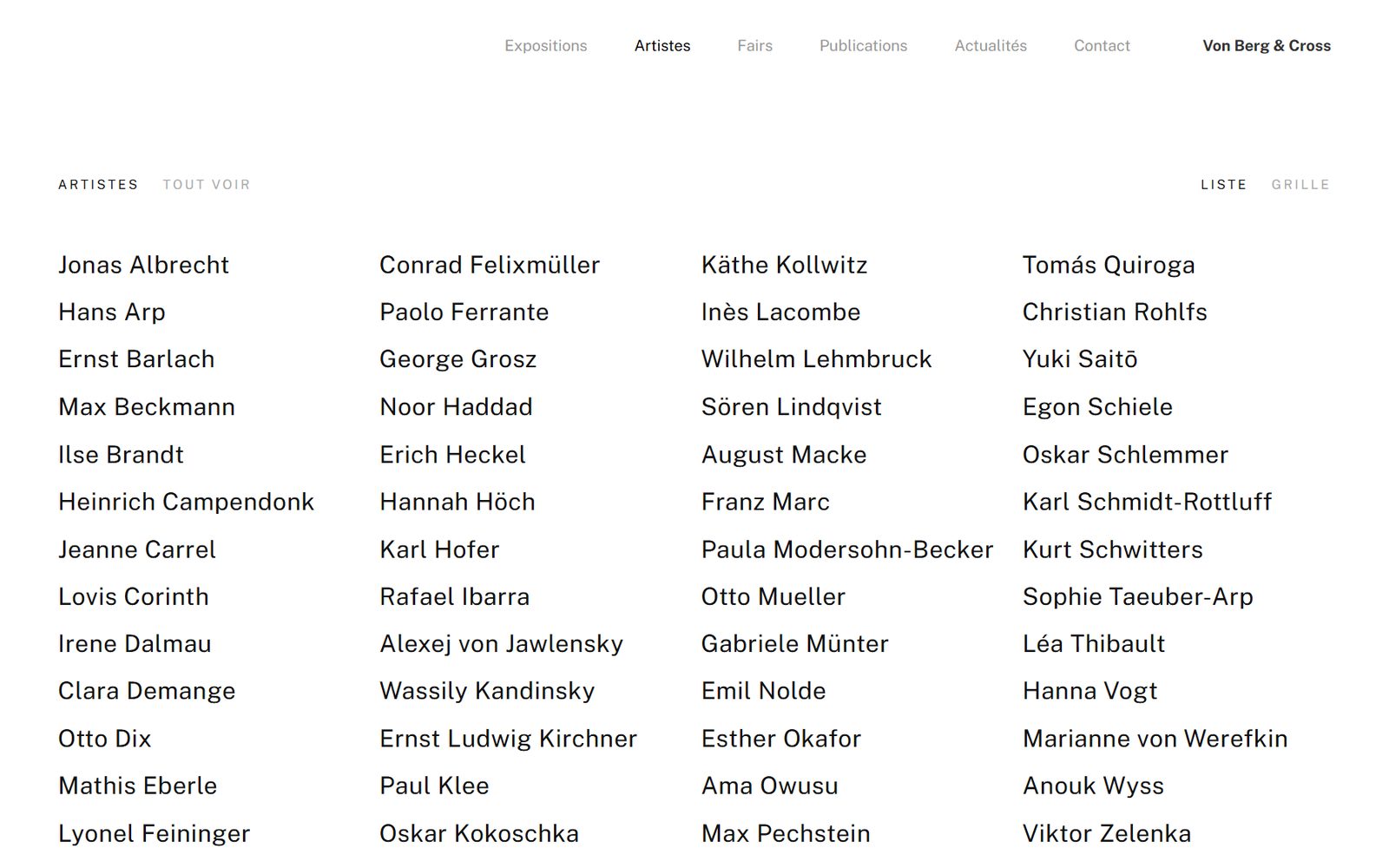 Page Artistes du site Von Berg & Cross : la liste des artistes sur quatre colonnes