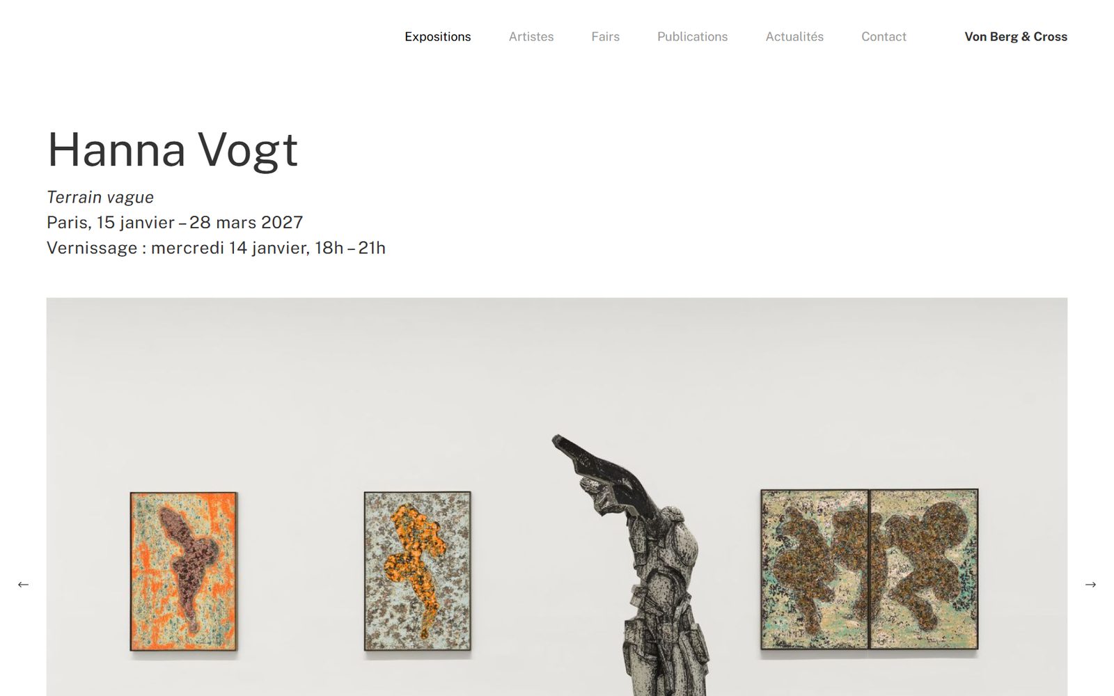 Page d'une exposition du site Von Berg & Cross : Hanna Vogt, « Architecture du vide », vue d'accrochage