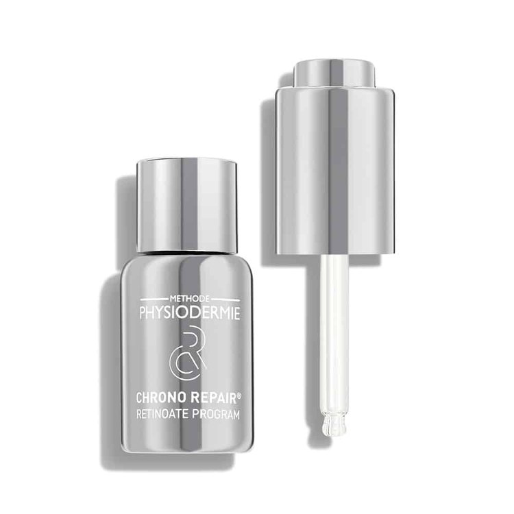 Flacon argenté de sérum Chrono Repair et sa pipette, boutique du site Biostem