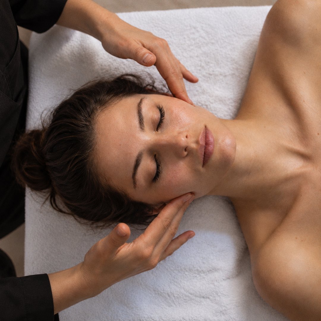 Massage du visage : les mains d’une praticienne encadrent le visage d’une cliente allongée, les yeux fermés, sur une serviette blanche