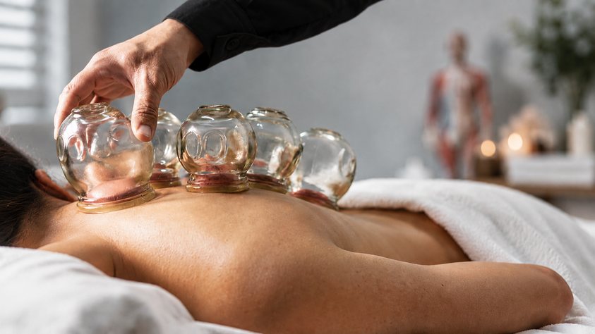Ventouses de verre posées sur le dos d'une femme allongée, massage Chinois de Biostem
