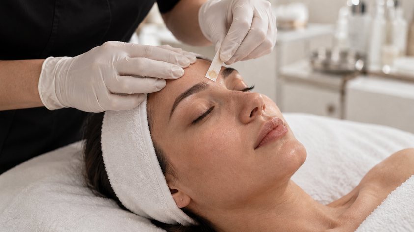 Épilation des sourcils à la cire d'une femme allongée, soin Cire de Biostem