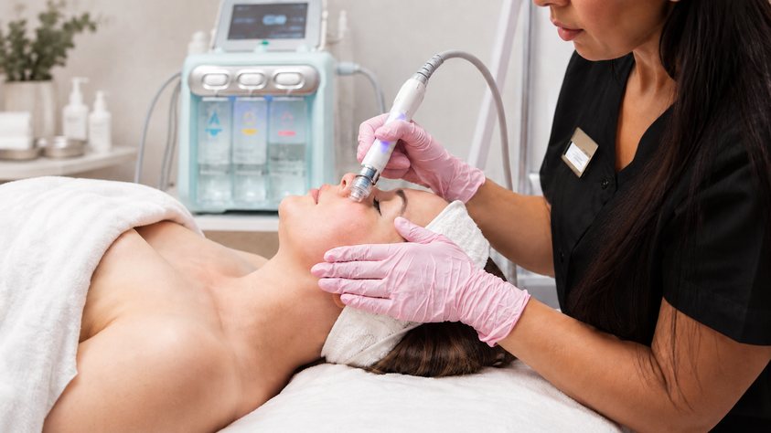 Esthéticienne réalisant un soin du visage à l'aide d'un embout aspirant, soin Hydrafacial de Biostem