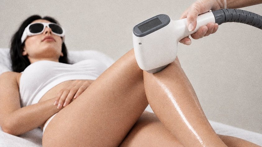 Épilation laser de la jambe d'une femme allongée portant des lunettes de protection, soin Laser de Biostem