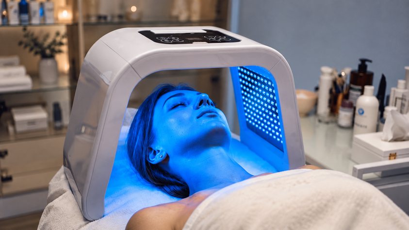 Femme allongée sous un masque de luminothérapie à LED bleue, soin LED de Biostem