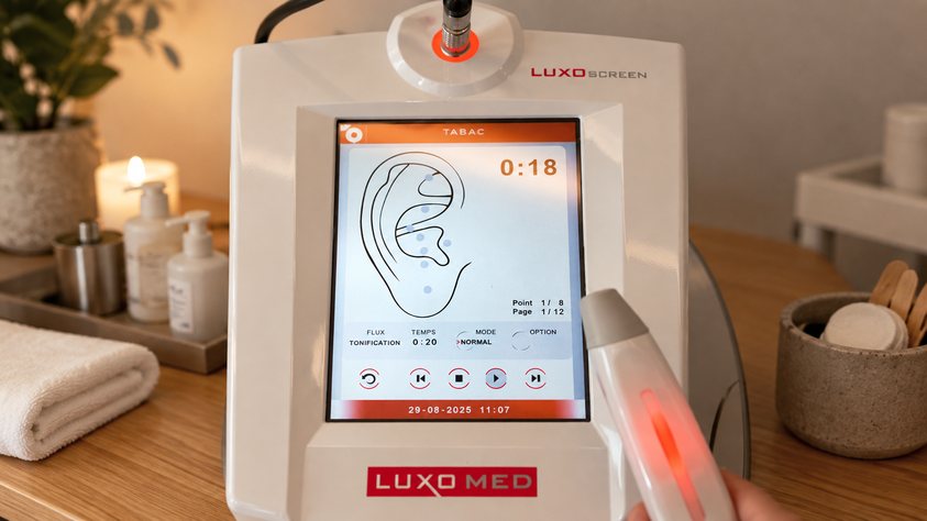 Appareil de luxopuncture avec écran montrant une oreille et stylet lumineux, soin Luxopuncture de Biostem