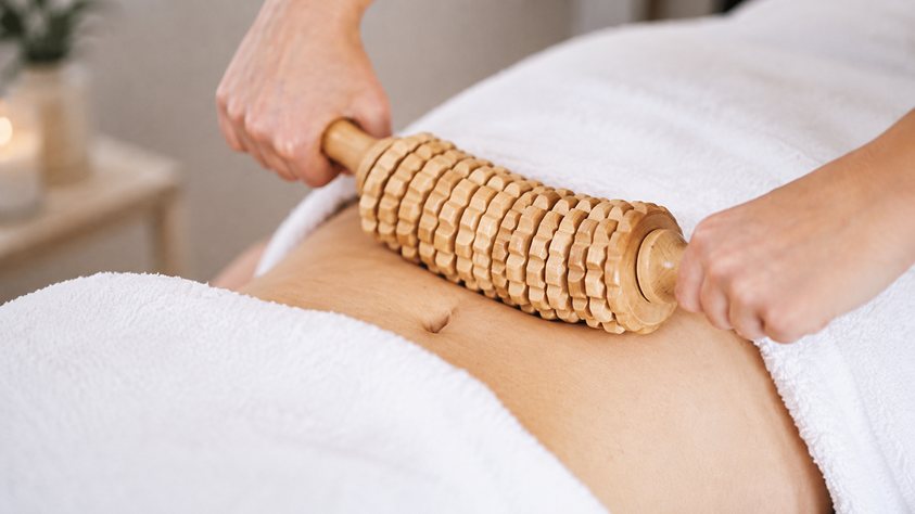 Rouleau de bois passé sur le ventre d'une femme, soin Madérothérapie de Biostem