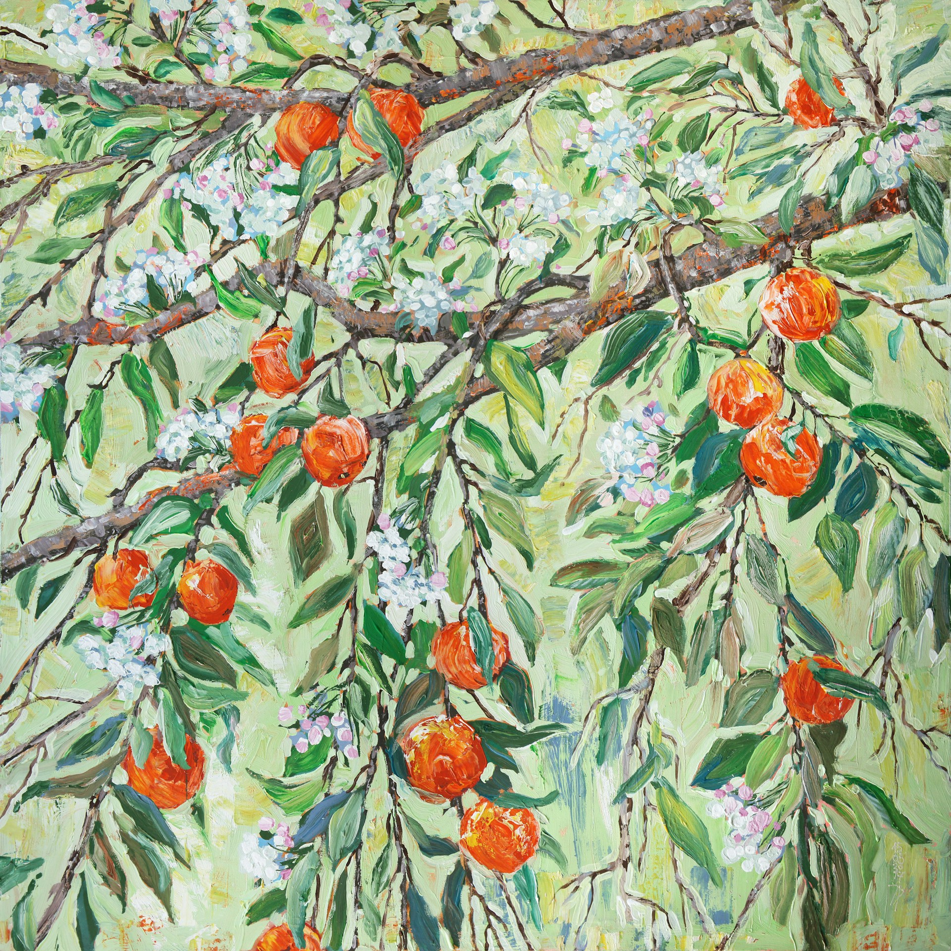 Peinture d'orangers en fleurs chargés de fruits, exposée à la Galerie Lucie Monnet