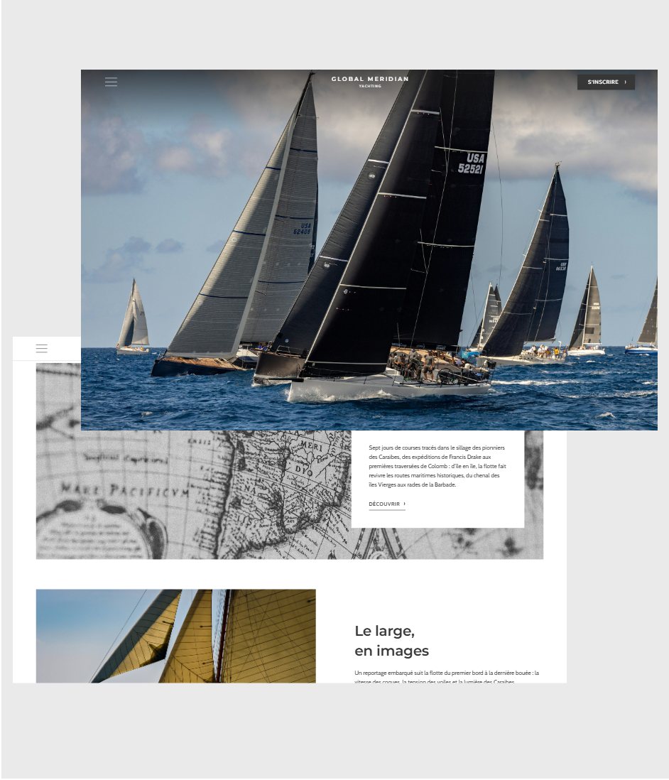 Maquette de webdesign (Global Meridian Yacht) : Page d'accueil du site Global Meridian Yacht : le parcours des courses, inspiré des explorateurs des Caraïbes sur une carte marine ancienne ; Page d'accueil du site Global Meridian Yacht : la flotte en régate, en plein écran