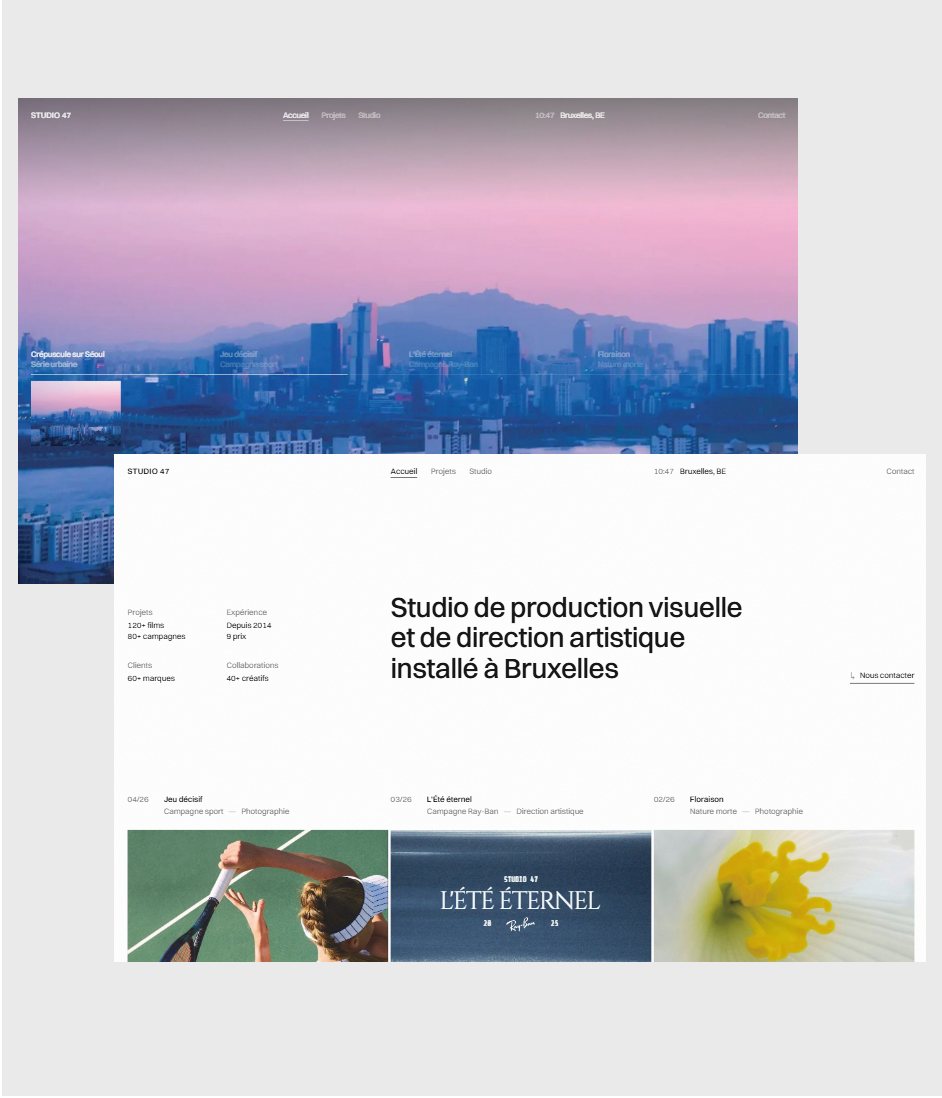 Maquette de webdesign (Studio 47) : Page d'accueil du site Studio 47 : Séoul au crépuscule ; Page d'accueil du site Studio 47, studio de production visuelle et de direction artistique à Bruxelles