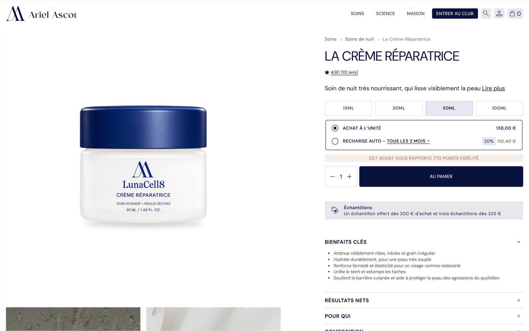 Maquette de webdesign (Ariel Ascot) : Fiche produit du site Ariel Ascot : La Crème Réparatrice, formats, achat à l'unité ou recharge