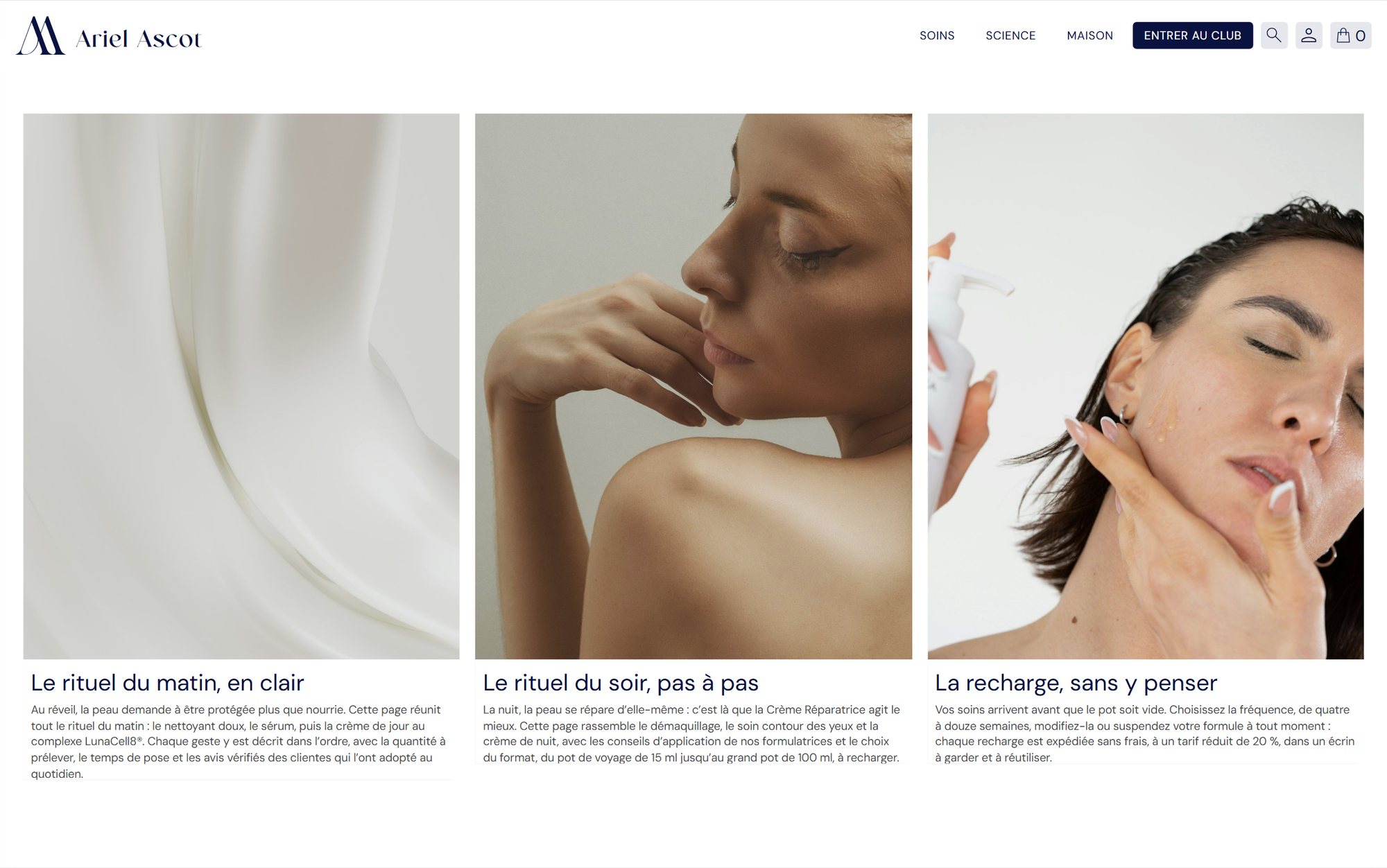 Maquette de webdesign (Ariel Ascot) : Page des rituels du site Ariel Ascot : matin, soir et recharge