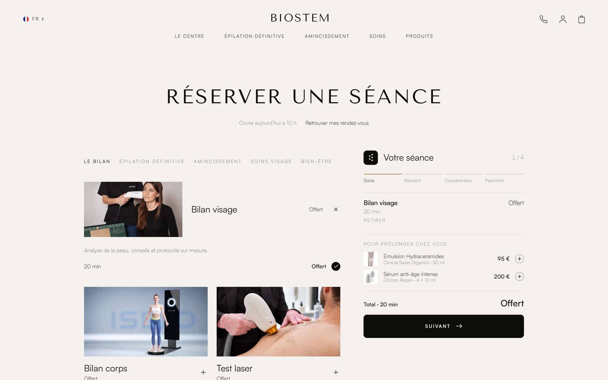 Maquette de webdesign (Biostem) : Page Réserver une séance du site Biostem