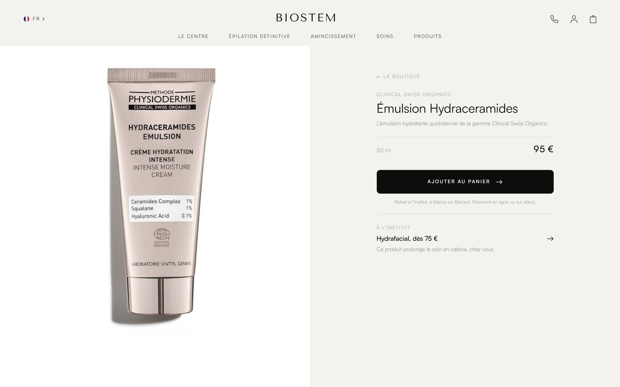 Maquette de webdesign (Biostem) : Fiche produit Émulsion Hydraceramides du site Biostem