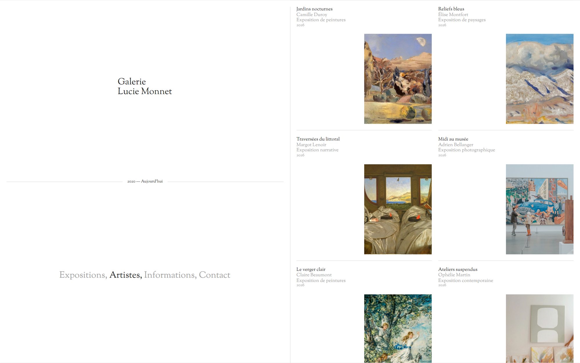 Maquette de webdesign (Galerie Lucie Monnet) : Page Artistes du site de la Galerie Lucie Monnet : les expositions, artiste par artiste