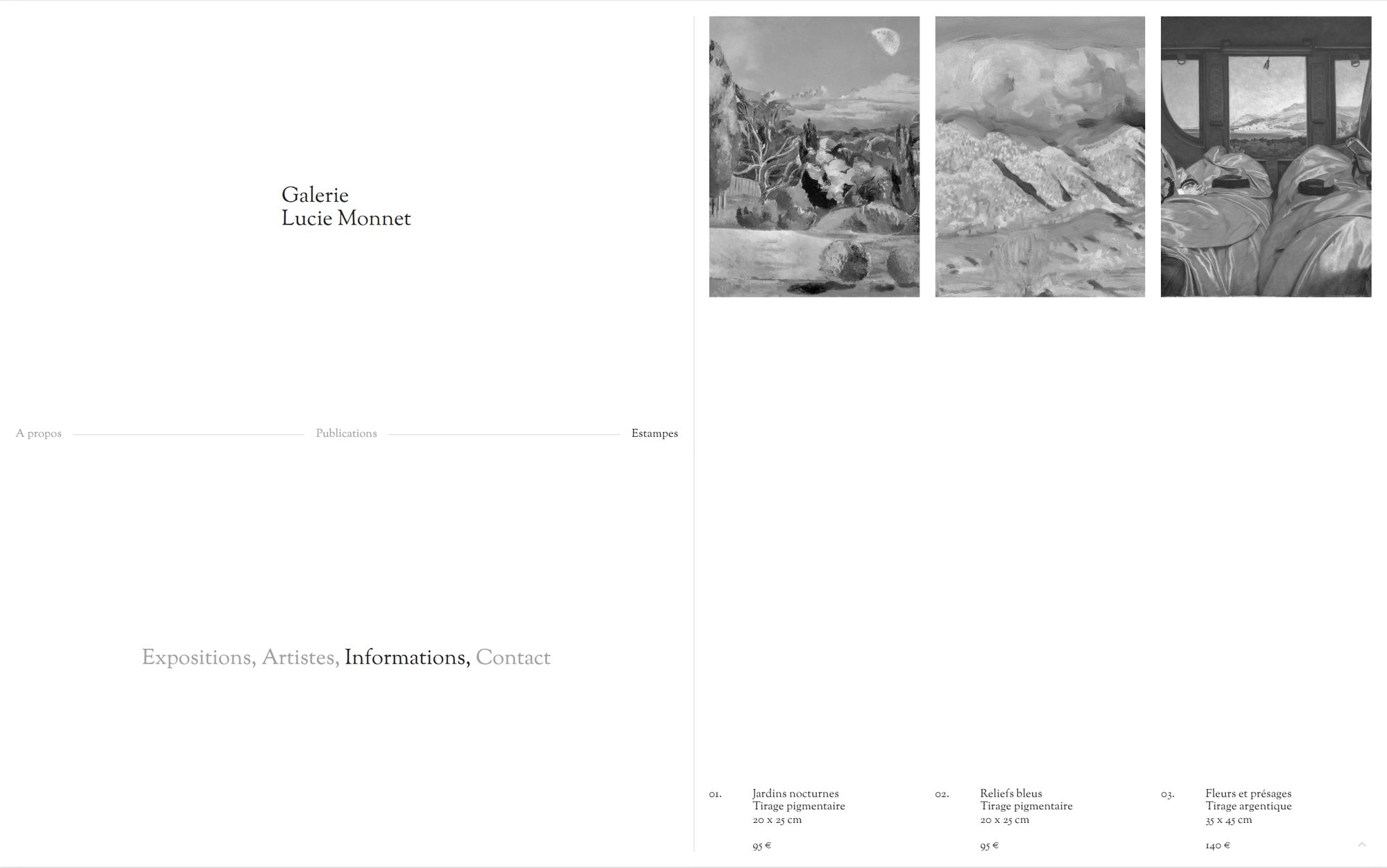 Maquette de webdesign (Galerie Lucie Monnet) : Page Estampes du site de la Galerie Lucie Monnet : tirages, techniques et formats