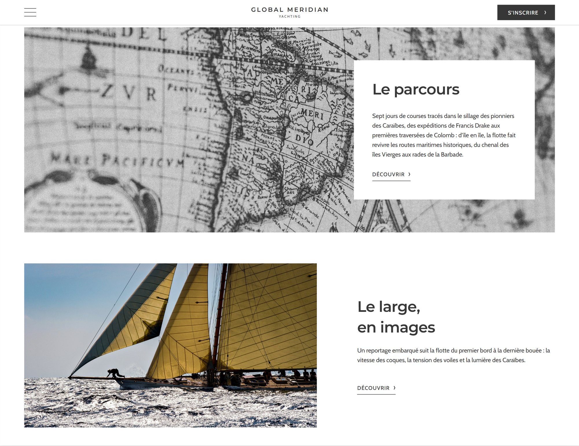 Maquette de webdesign (Global Meridian Yacht) : Page d'accueil du site Global Meridian Yacht : le parcours des courses, inspiré des explorateurs des Caraïbes sur une carte marine ancienne