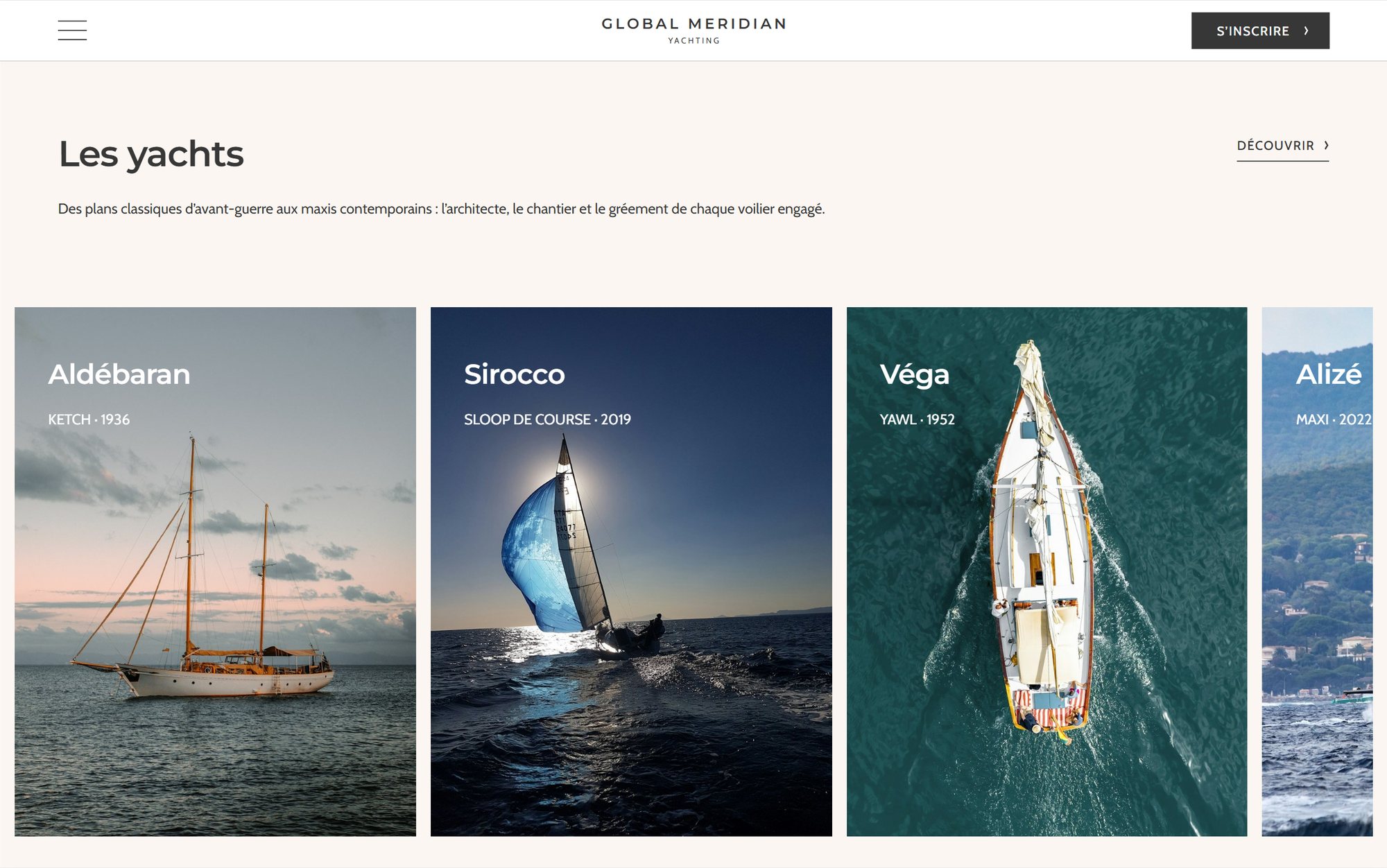 Maquette de webdesign (Global Meridian Yacht) : Section Les yachts du site Global Meridian Yacht : Aldébaran, Sirocco, Véga, Alizé