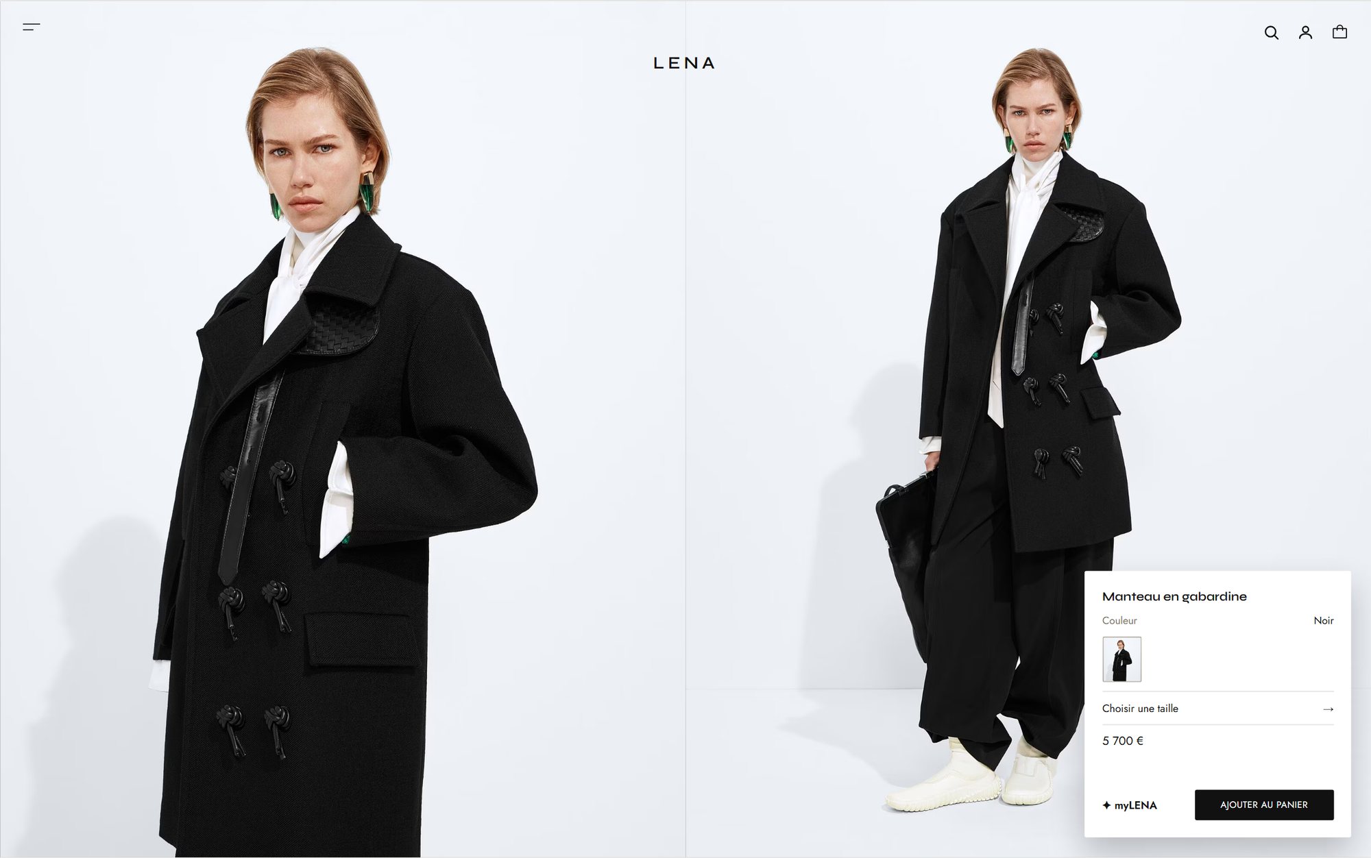 Maquette de webdesign (Lena Paris) : Fiche produit du site Lena Paris : manteau en gabardine, deux vues, choix de la taille et assistant myLENA