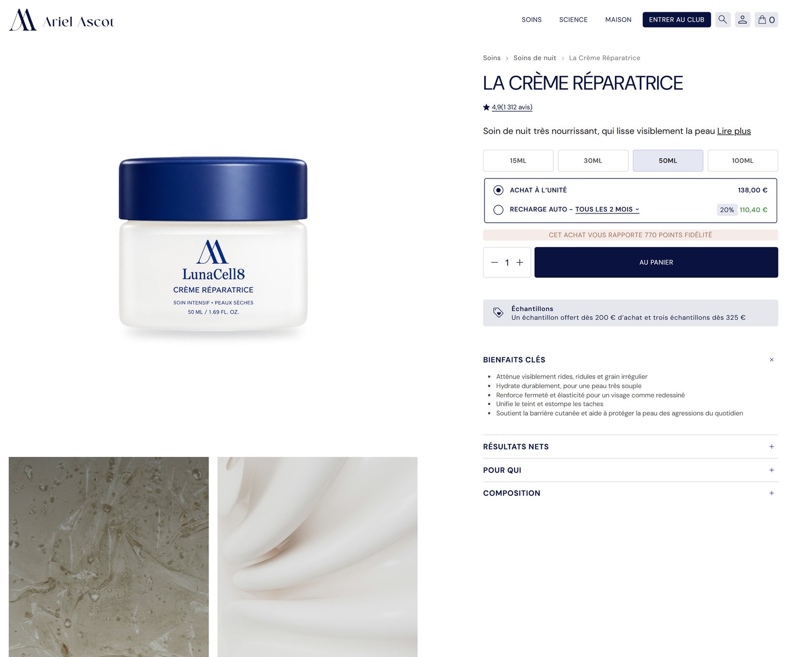 Fiche produit du site Ariel Ascot : La Crème Réparatrice, formats, achat à l'unité ou recharge, page entière
