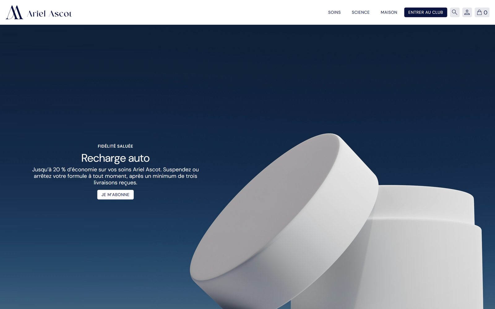 Page Recharge du site Ariel Ascot : pot de crème sur fond bleu, page entière
