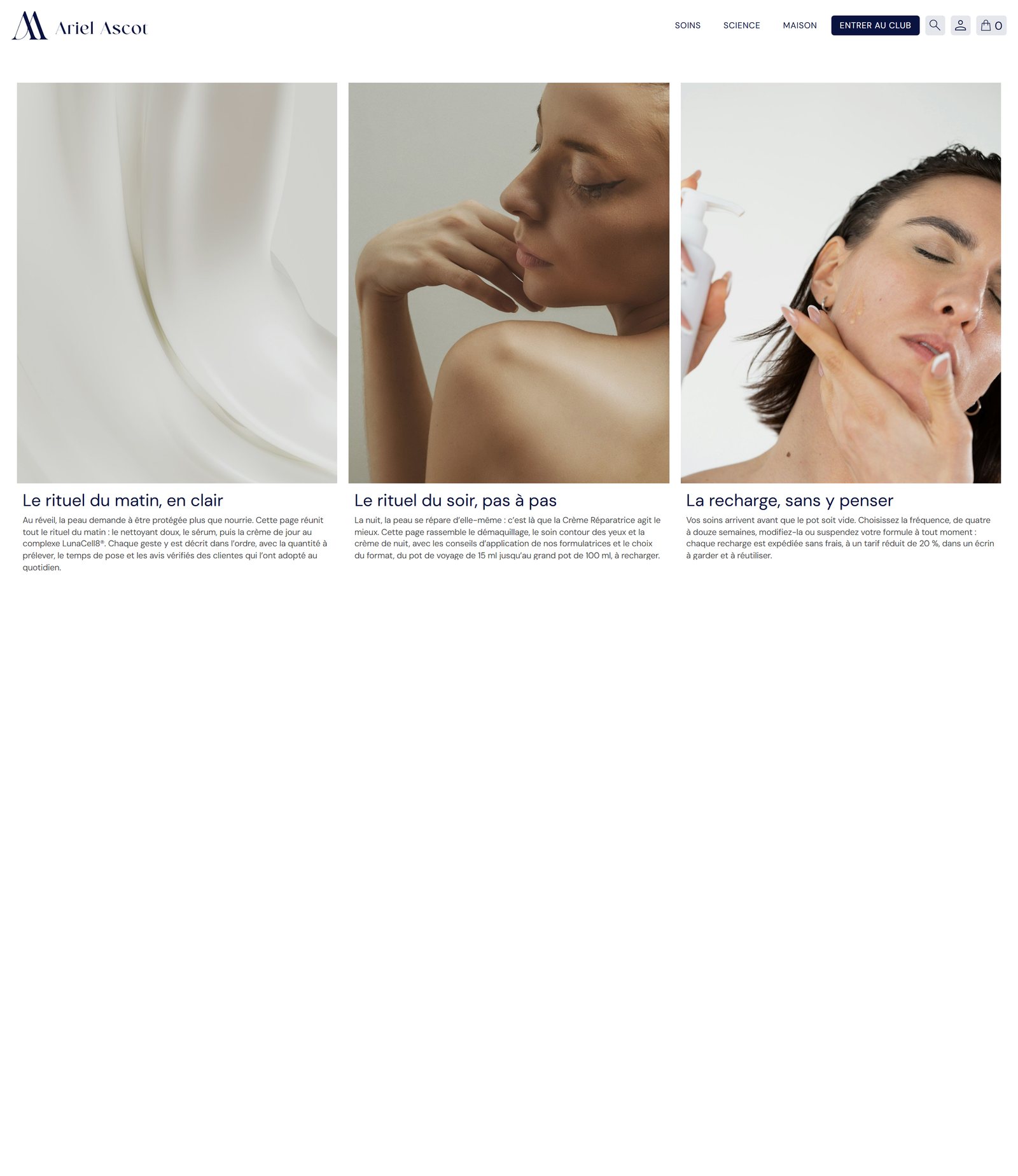 Page des rituels du site Ariel Ascot : matin, soir et recharge, page entière