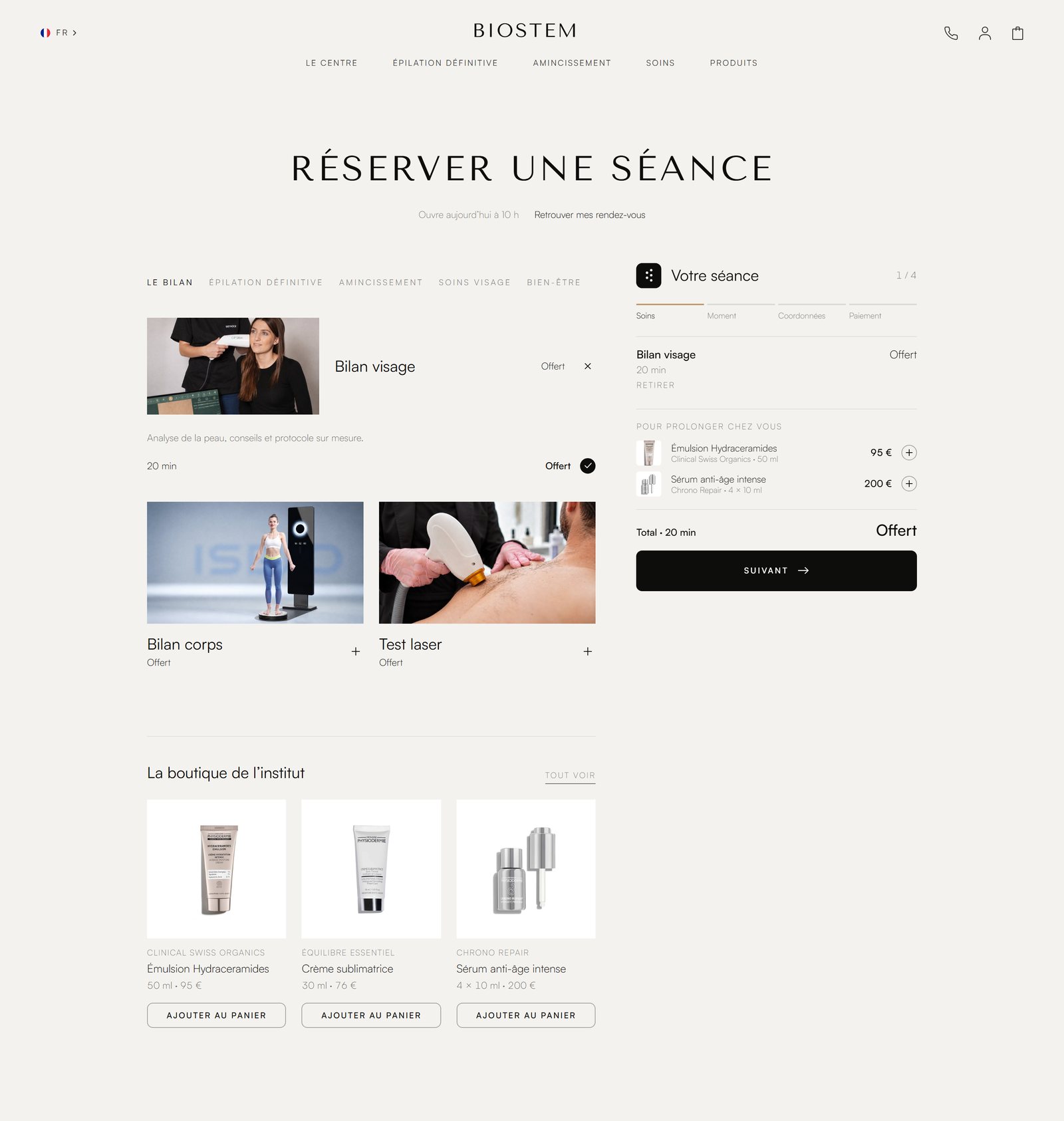 Page Réserver une séance du site Biostem, page entière