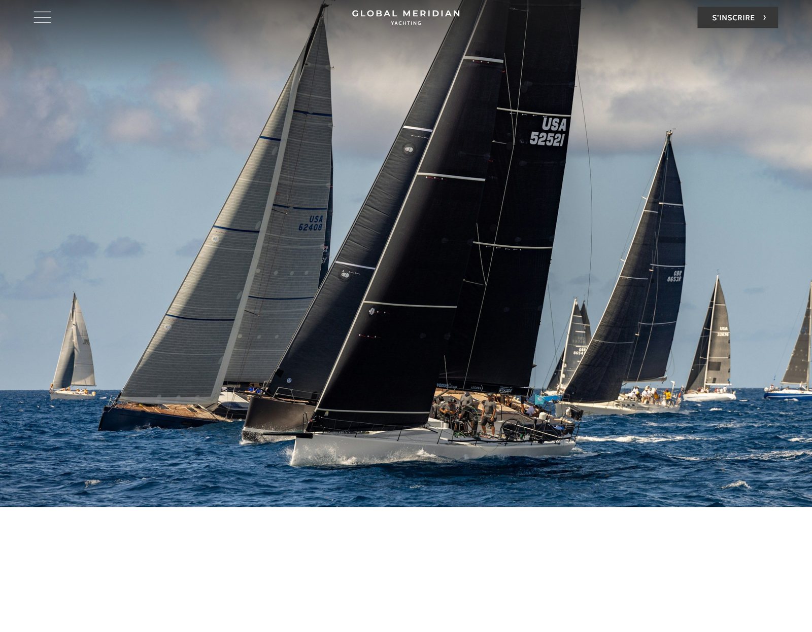 Page d'accueil du site Global Meridian Yacht : la flotte en régate, en plein écran, page entière