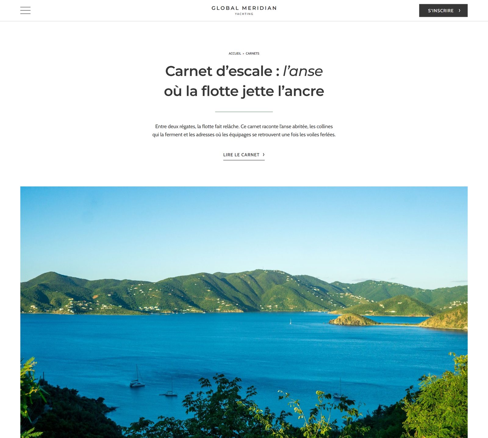 Page Carnets d'escales du site Global Meridian Yacht : une anse des Caraïbes au mouillage, page entière