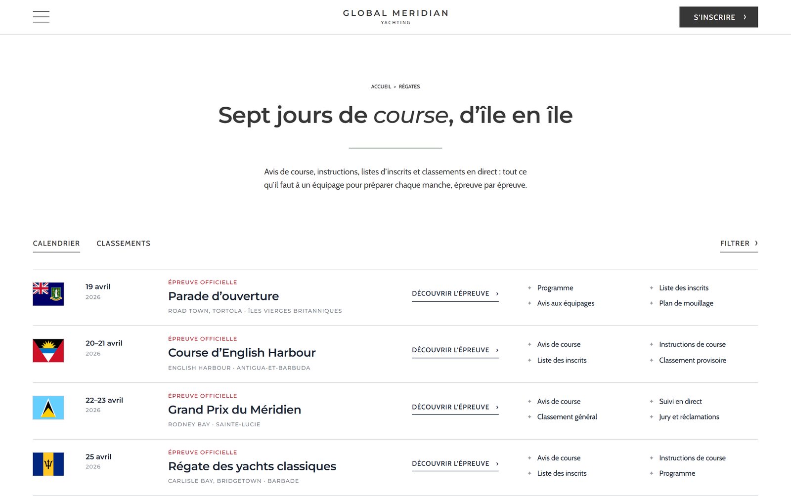 Page Régates du site Global Meridian Yacht : calendrier des épreuves aux îles Vierges britanniques, à Antigua, Sainte-Lucie et la Barbade, avec le drapeau de chaque pays hôte, page entière