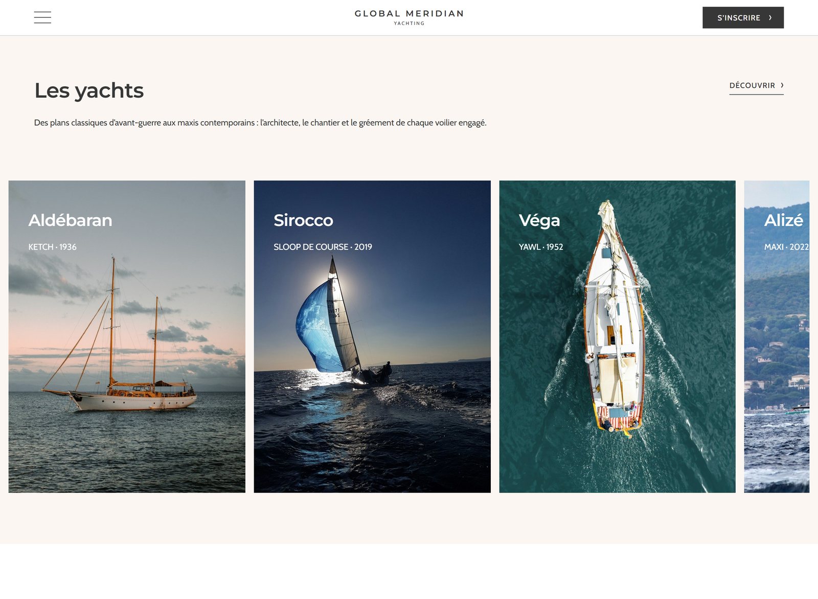 Section Les yachts du site Global Meridian Yacht : Aldébaran, Sirocco, Véga, Alizé, page entière