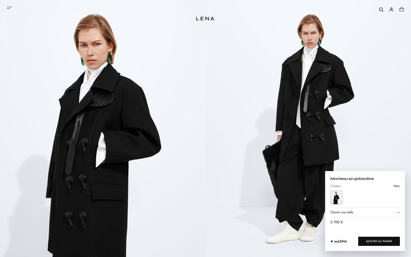 Fiche produit du site Lena Paris : manteau en gabardine, deux vues, choix de la taille et assistant myLENA, page entière