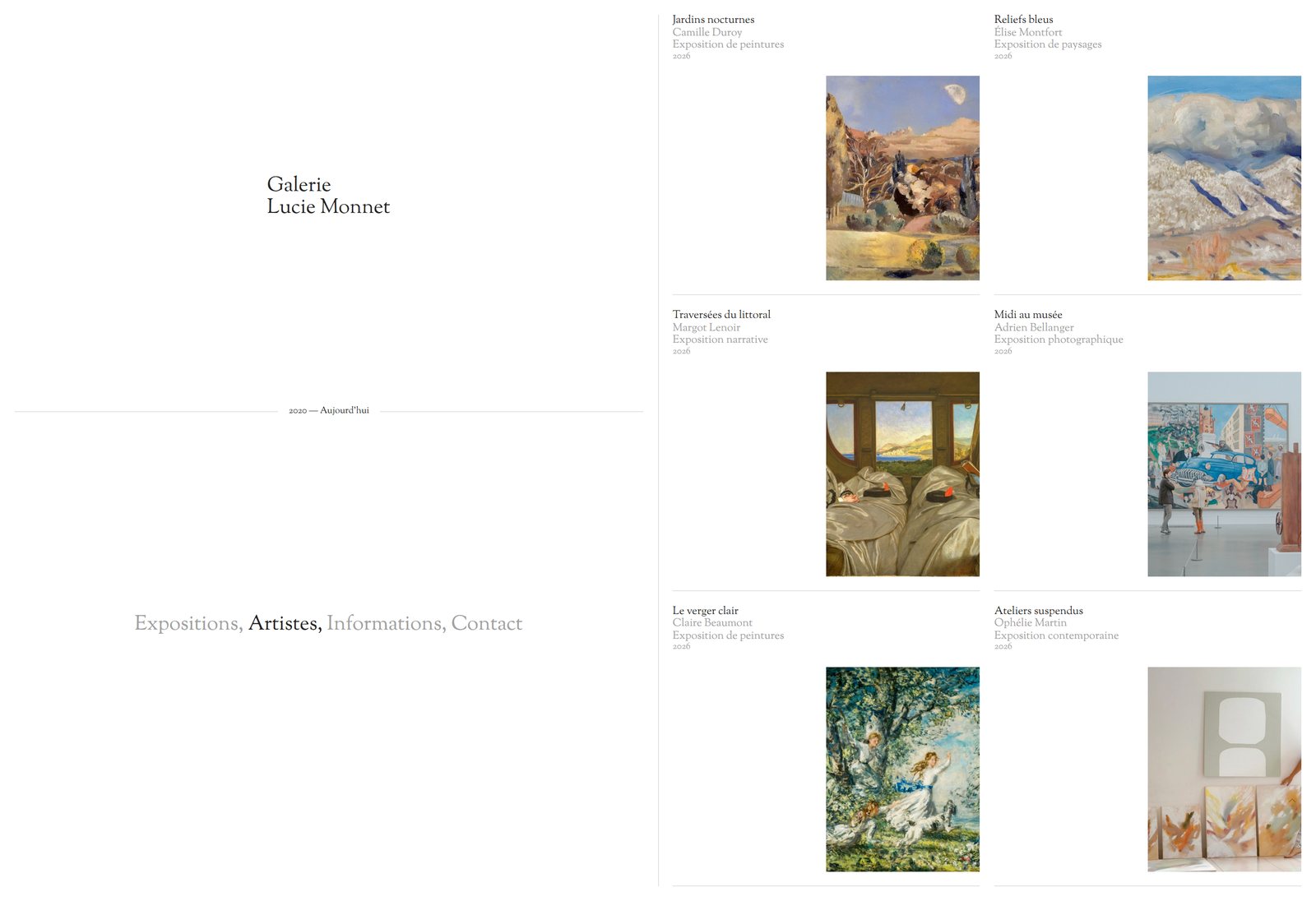 Page Artistes du site de la Galerie Lucie Monnet : les expositions, artiste par artiste, page entière