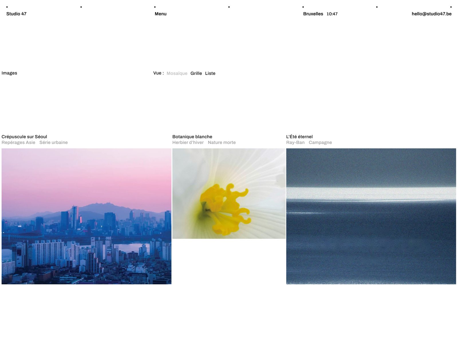 Page Photographies du site Studio 47 : trois séries en mosaïque, page entière