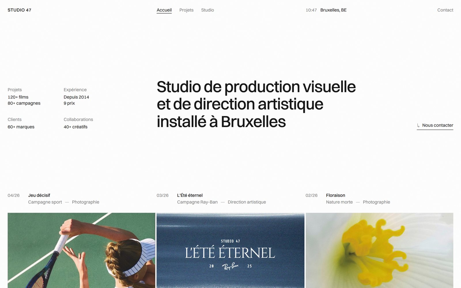 Page d'accueil du site Studio 47, studio de production visuelle et de direction artistique à Bruxelles, page entière