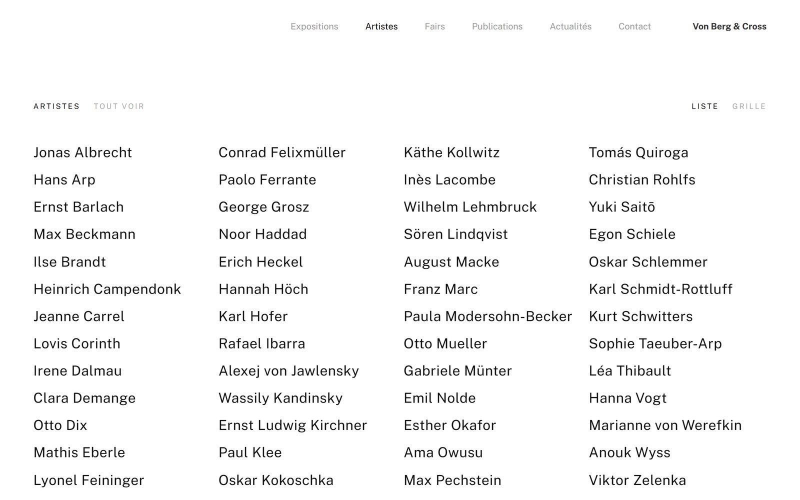 Page Artistes du site Von Berg & Cross : la liste des artistes sur quatre colonnes, page entière