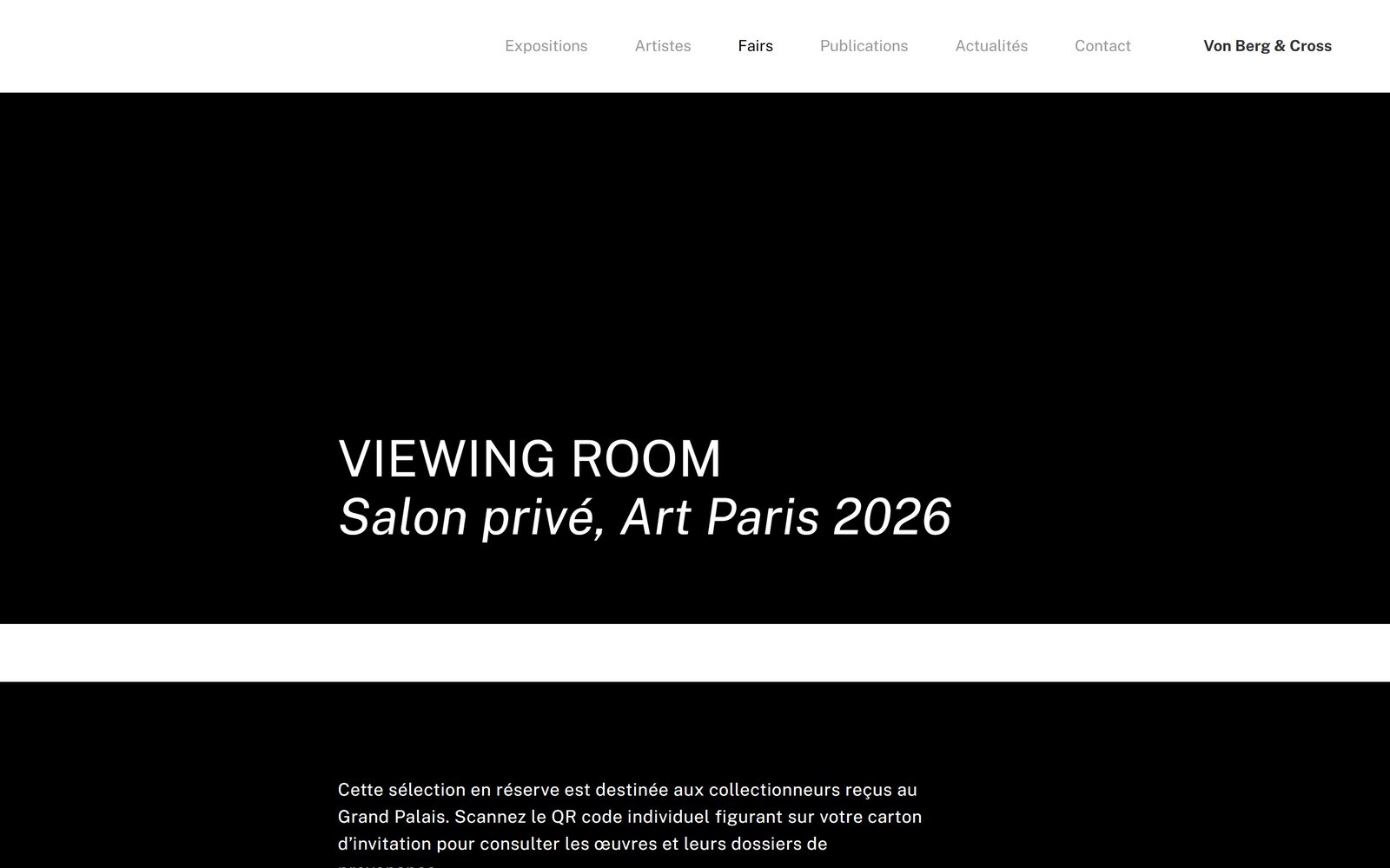 Entrée d'un salon privé du site Von Berg & Cross : Salon privé, Art Paris 2026, accès sur invitation par QR code, page entière
