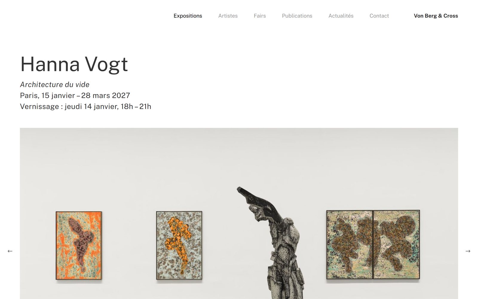Page d'une exposition du site Von Berg & Cross : Hanna Vogt, « Architecture du vide », vue d'accrochage, page entière