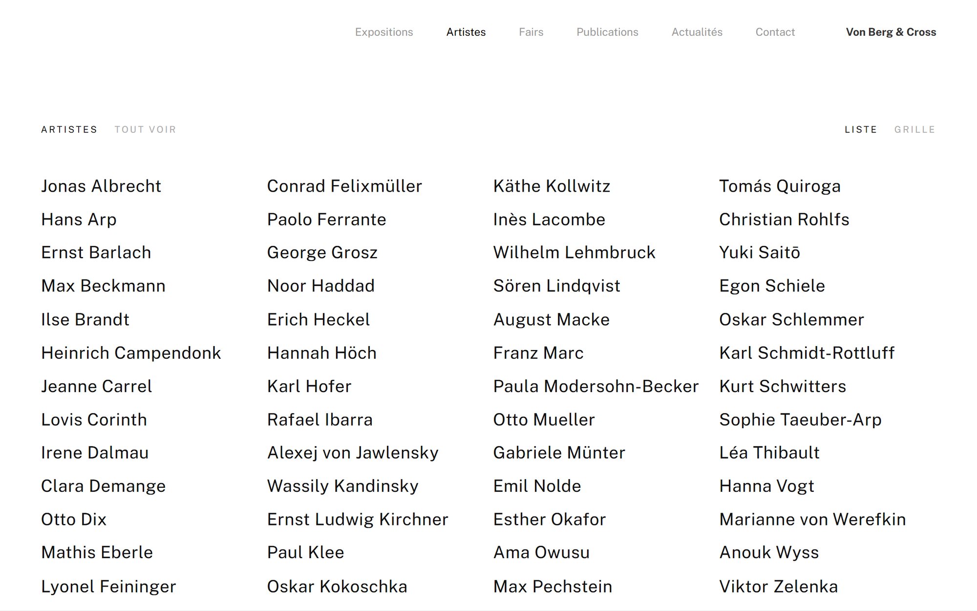 Maquette de webdesign (Von Berg & Cross) : Page Artistes du site Von Berg & Cross : la liste des artistes sur quatre colonnes
