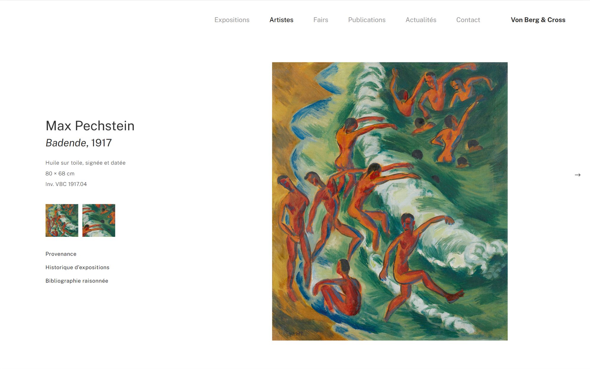 Maquette de webdesign (Von Berg & Cross) : Fiche d'une œuvre du site Von Berg & Cross : Max Pechstein, Badende (1917)