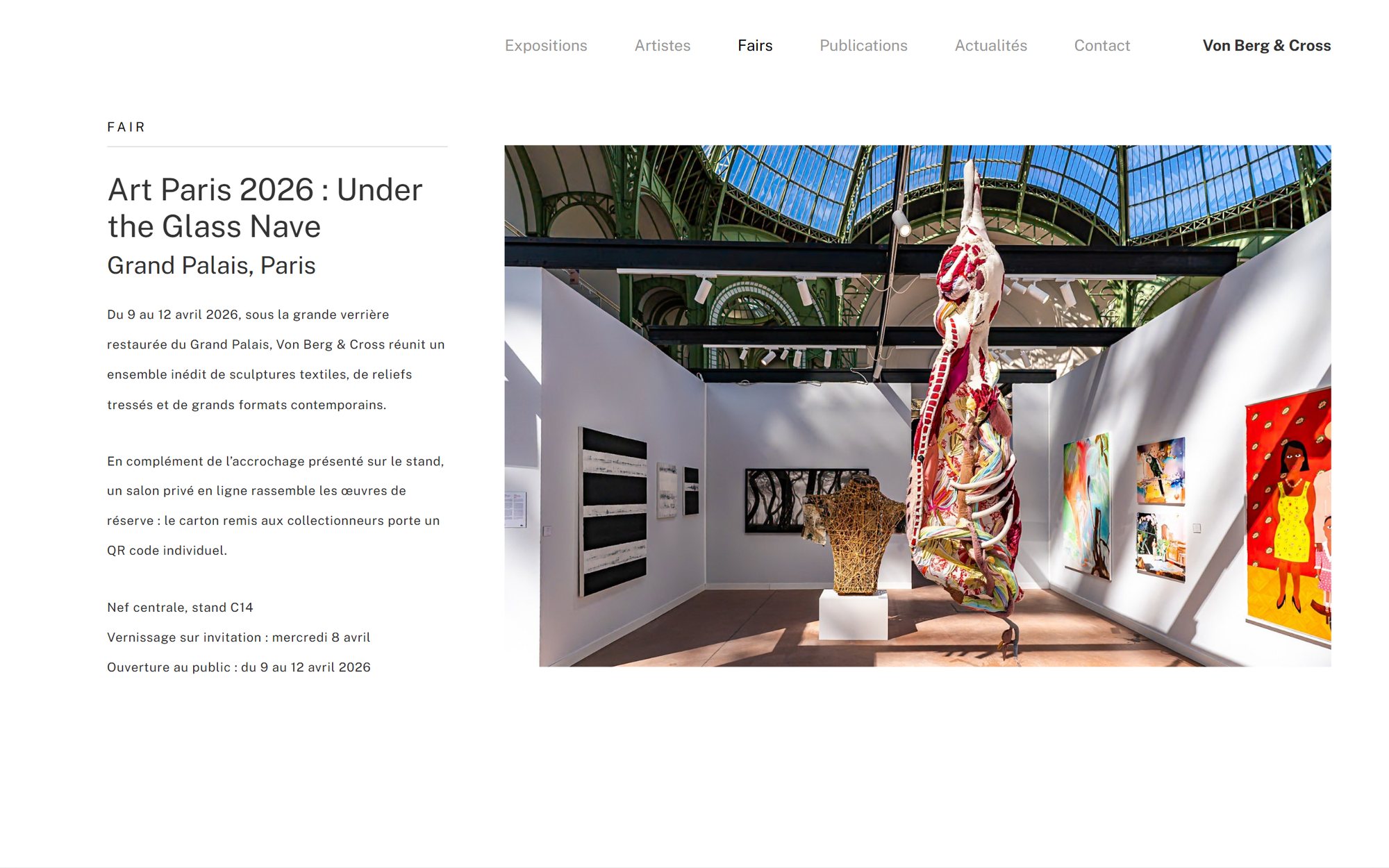 Maquette de webdesign (Von Berg & Cross) : Page Fair du site Von Berg & Cross : Art Paris 2026 au Grand Palais, Paris